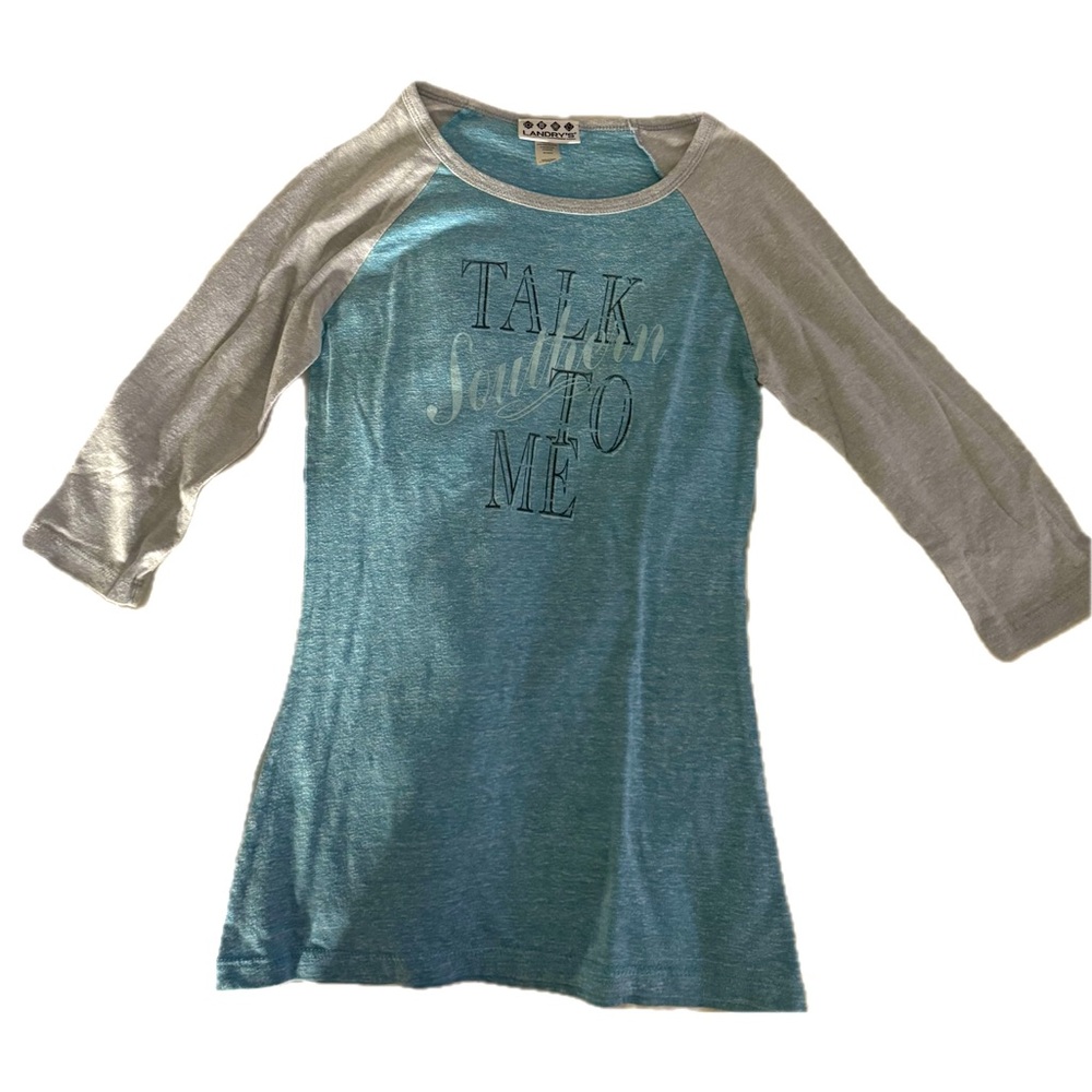 Landry’s “Talk Southern To Me” Teal & Gray 3/4 Sleeve Raglan Top – Size Small